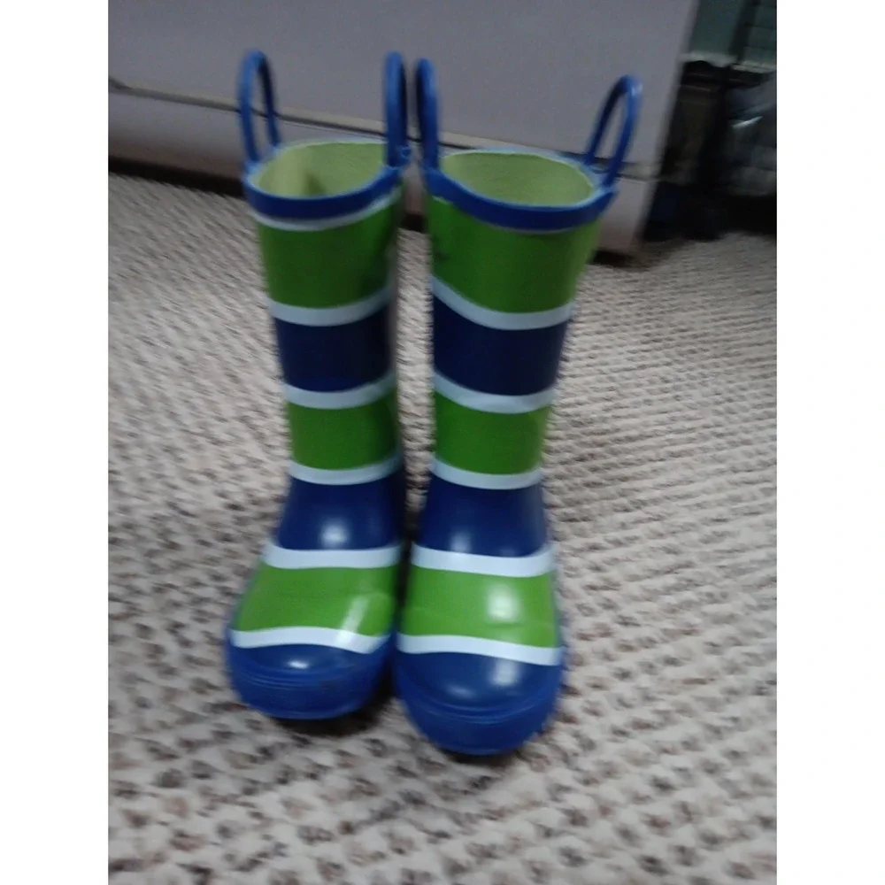 L.L. Bean Toddler Puddle Stompers Green And Blue Striped Rain Boots Size 9